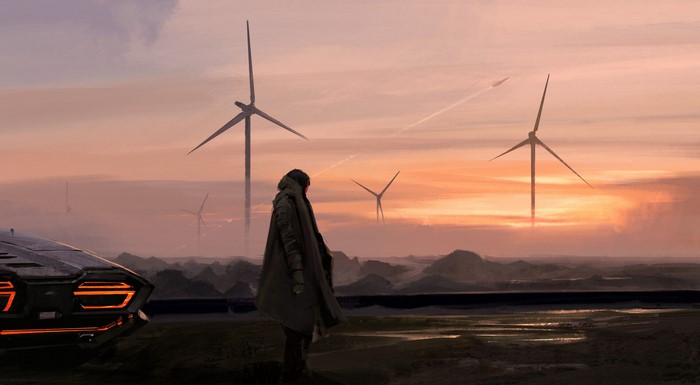 Person and futuristic car near wind turbines at sunset