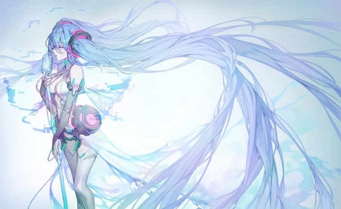 Hatsune Miku singing with a microphone