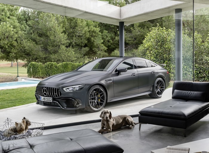 Matte black Mercedes-AMG GT 4-door with dogs and chaise lounge