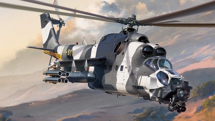 Mil Mi-35 helicopter in flight with camouflage