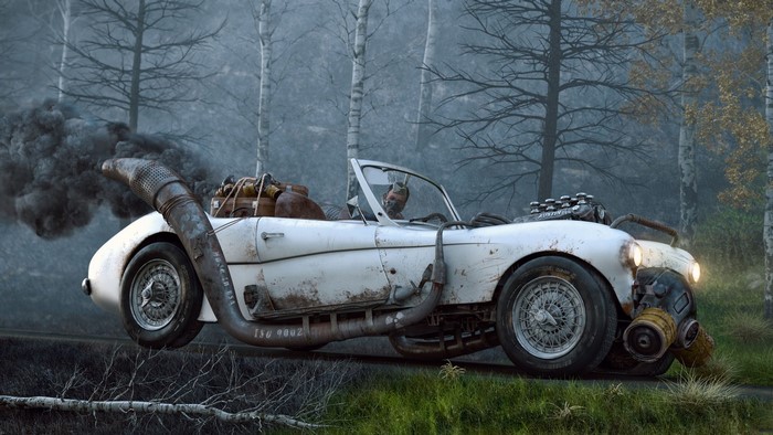 Post-apocalyptic car with driver and smoke