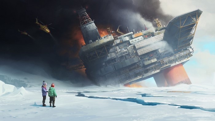 Burning oil rig in icy waters with helicopters and children