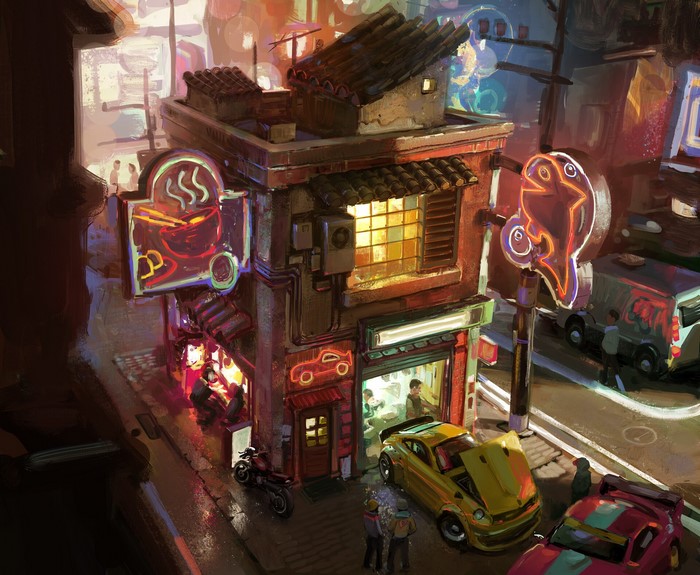 Neon-lit street scene with a garage and noodle shop