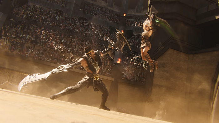 Warriors fighting in a desert arena, League of Legends