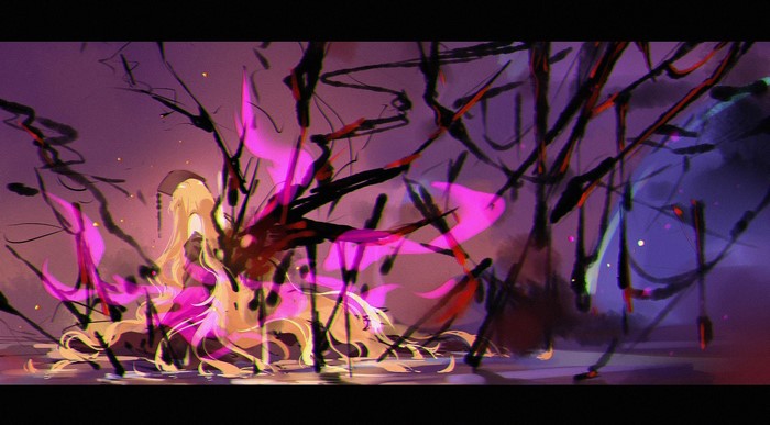 Junko from Touhou with pink and black abstract elements