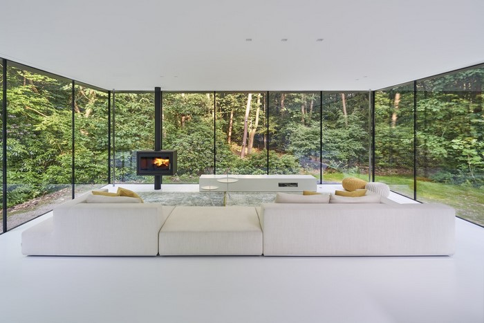 Modern living room with fireplace and forest view