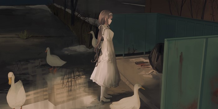 Anime girl in white dress with ducks near trash cans