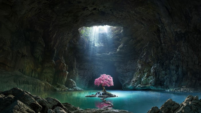 Sun Rays Illuminating Cherry Blossom Island in Cave