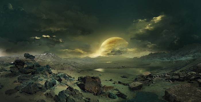Alien planet landscape with a large planet in the sky