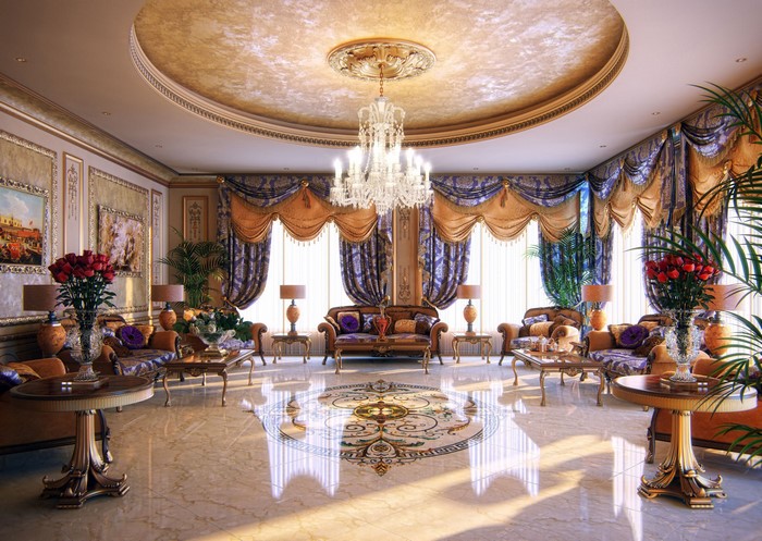 Luxury living room with ornate decor and chandelier