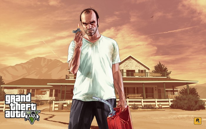 Trevor Philips from Grand Theft Auto V holding a gas can