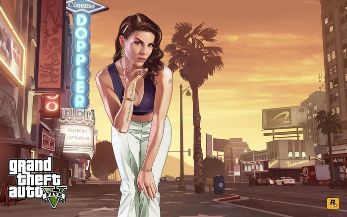 Woman blowing kiss in front of Doppler Cinema, Grand Theft Auto V