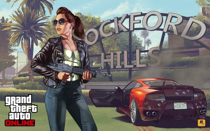 Woman with gun and car in front of Rockford Hills sign, Grand Theft Auto Online