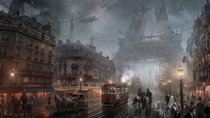 Steampunk Paris cityscape with Eiffel Tower and airship