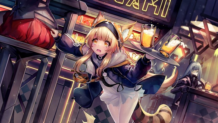 Anime girl with animal ears serving drinks at a bar