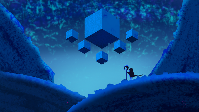 Floating blue cubes above a fantasy landscape with a figure