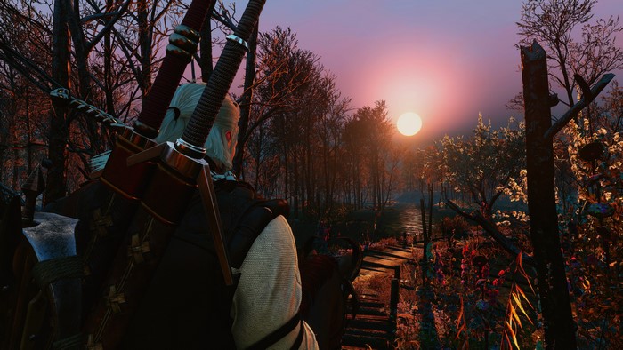 Geralt of Rivia from The Witcher 3: Wild Hunt at sunset