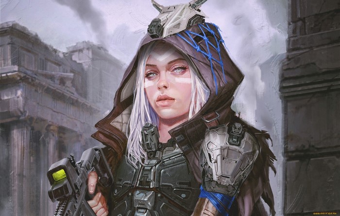 Woman with futuristic armor and weapon in ruins