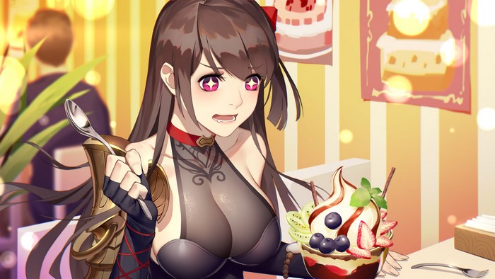 Anime girl with purple eyes eating ice cream