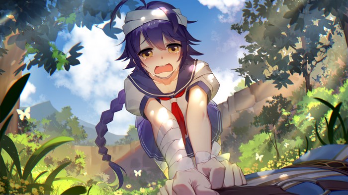 Anime girl with braided blue hair and bandages crying outdoors