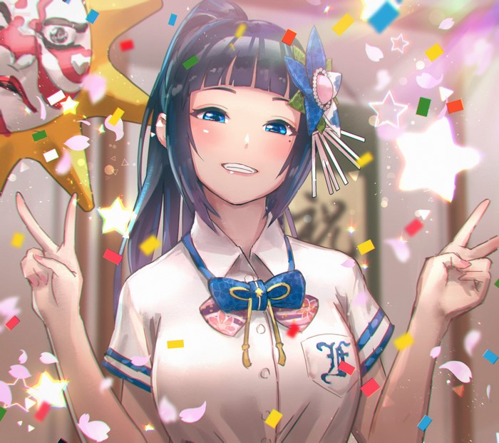 Anime girl with dark hair and blue eyes making peace sign