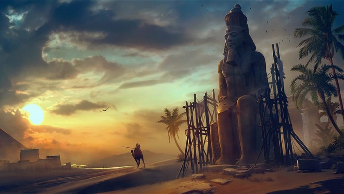 Statue of an Egyptian Pharaoh at Sunset