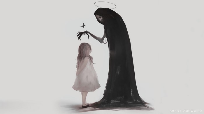 Girl and Grim Reaper with Halo and Butterfly