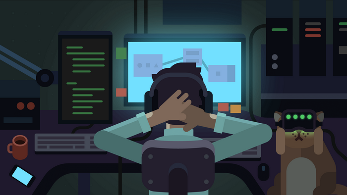 Person wearing VR headset at computer with cat