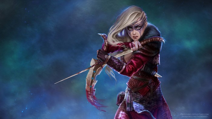Fantasy warrior with blonde hair and war paint holding a sword