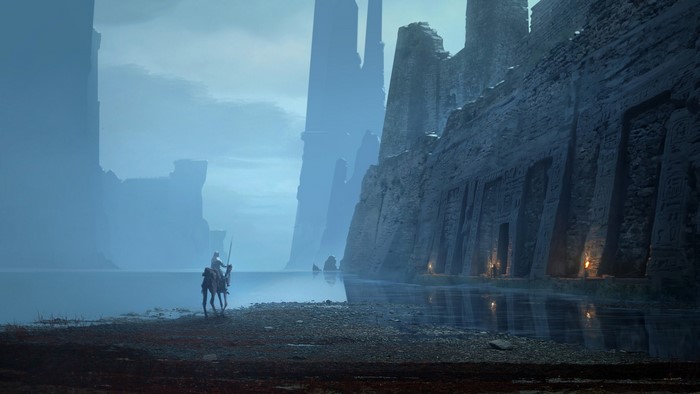 Fantasy art of a knight by ancient ruins