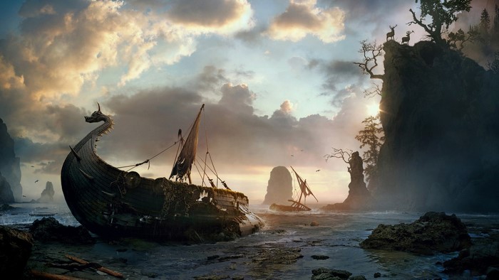 Fantasy shipwreck with Viking ship and deer on cliff