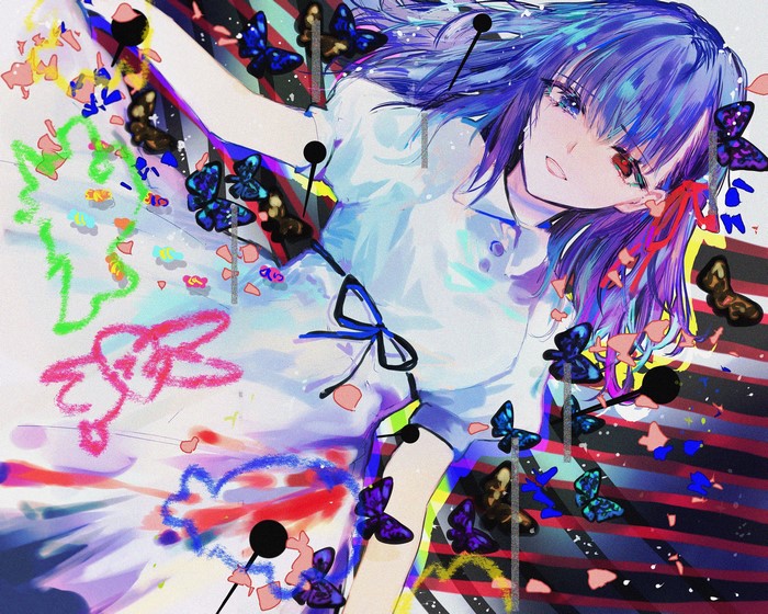 Anime girl with blue hair and butterflies