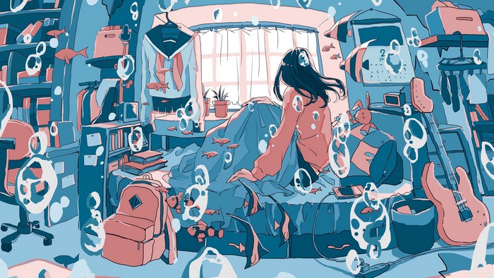 Anime girl in a room filled with fish and bubbles