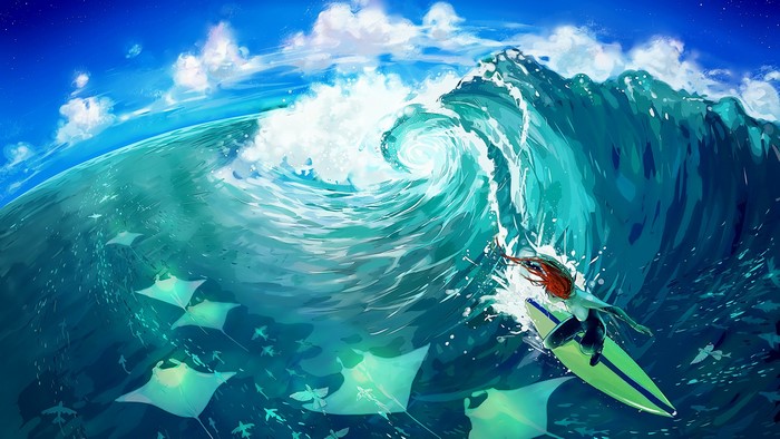 Anime girl surfing a giant wave with manta rays