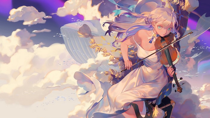 Girl playing violin on clouds with whale