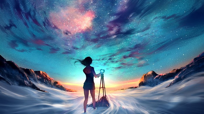 Girl with camera photographing starry sky landscape