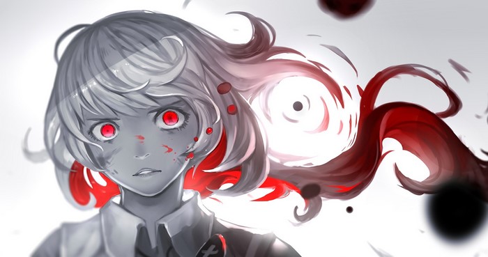 Anime girl with red eyes and dark tendrils