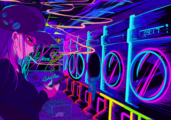 Girl in a cap smoking in a neon laundromat