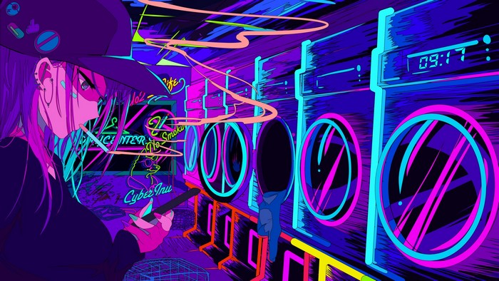 Anime girl smoking in a neon-lit laundromat
