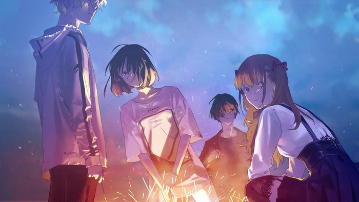 Anime characters gathered around a bonfire at dusk