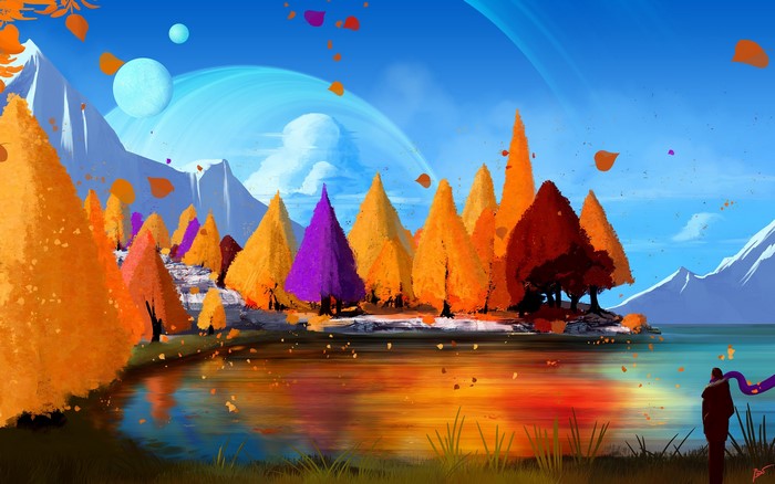 Fantasy landscape with colorful trees and planets