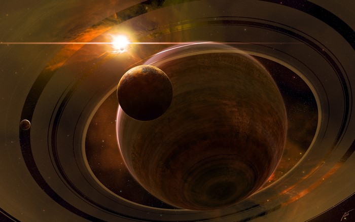 Digital art of a ringed planet and moon in space