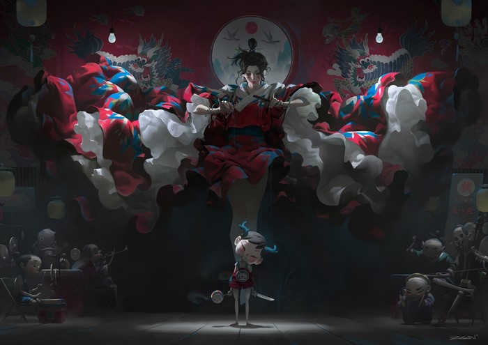 Woman in red kimono with puppets and dragons