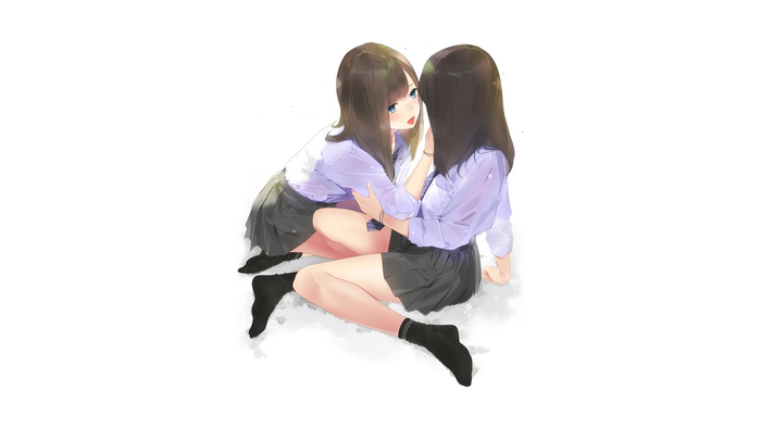 Two schoolgirls in uniform with blue eyes and brown hair