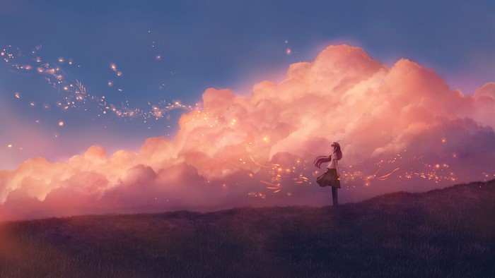 Anime girl in field with glowing clouds and sky