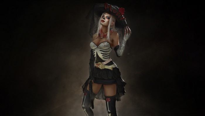 Woman in Dia de los Muertos costume with skeleton makeup