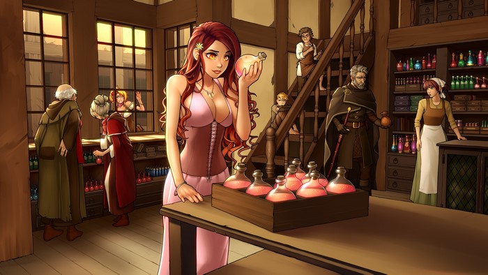 Fantasy shop with potions and characters