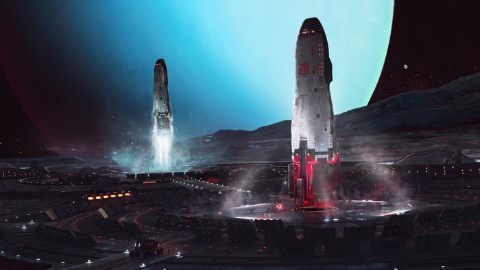Spaceships launching from a futuristic spaceport on an alien planet