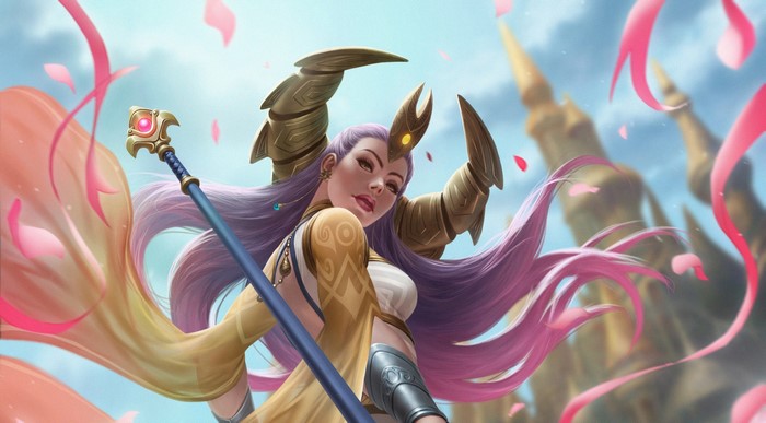 Woman with purple hair holding a staff