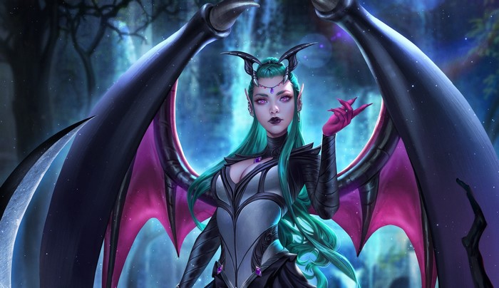 Fantasy art of a succubus with green hair and wings